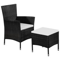 Tuinstoel en kruk met kussens poly rattan zwart - thumbnail