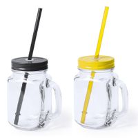 Set van 4x glazen drinkbekers dop/rietje 500 ml zwart/geel - thumbnail