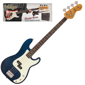 Vintage VIP-V40CAB Coaster Series Candy Apple Blue Bass Pack elektrische basgitaar set met versterker