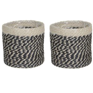 3x stuks naturel zwart rotan planten pot mand van gedraaid jute/riet H16 en D16 cm