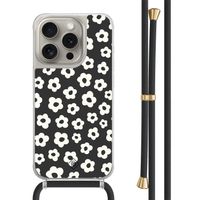 iPhone 15 Pro hoesje met zwart koord - Retro bloempjes iPhone 15 Pro hoesje met zwart koord - Retro bloempjes