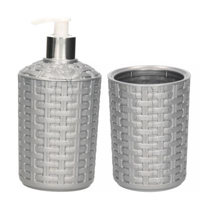 Plasticforte zeeppompje / dispenser en tandenborstel / tandpasta beker - setje - zilver - kunststof