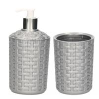 Plasticforte zeeppompje / dispenser en tandenborstel / tandpasta beker - setje - zilver - kunststof