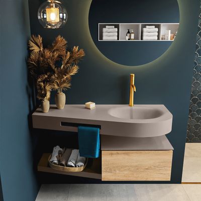 MONDIAZ RIVA 120cm badmeubel onderkast / planchet kleur Washed_Oak met 1 lade. Wastafel DULCET rechts 1 kraangat kleur Smoke.