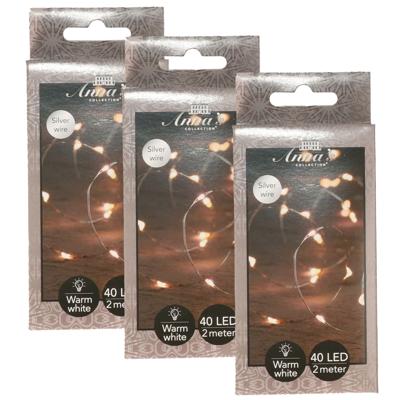 Draadverlichting lichtsnoer - 3x - 40 led lampjes - warm wit - zilver draad - 200 cm - lichtdraad