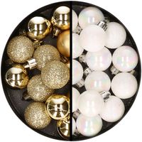 34x stuks kunststof kerstballen goud en parelmoer wit 3 cm - thumbnail