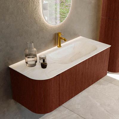 Badmeubel Mondiaz Kurve-Dlux | 115 cm cm | Meubelkleur Ruby | Wastafelkleur Ostra | Solid surface | Wasbak rechter zijde spoelbak | 1 kraangat