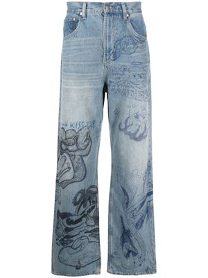 DOMREBEL jean droit à imprimé graphique - Bleu