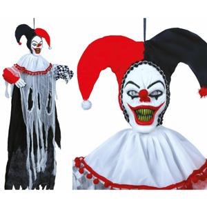 Decoratie pop horrorclown/harlekijn - licht/geluid/beweging - Halloween thema - hangend - 120 cm