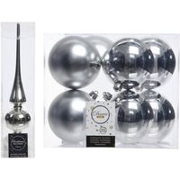 Kerstboom versiering zilver piek en 8x kerstballen 10 cm - Kerstbal - thumbnail