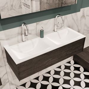Mondiaz Lush Cloud badmeubel eiken donker bruin 120 cm 1 lade solid surface dubbele spoelbak 2 kraangaten