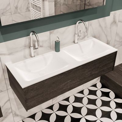 Mondiaz Lush Cloud badmeubel eiken Dark brown 120 cm 1 lade solid surface dubbele spoelbak 2 kraangaten