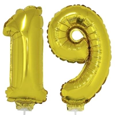 19 jaar leeftijd versiering cijfers - verjaardag - ballonnen op stokje - van 41 cm - goud 19 jaar leeftijd versiering cijfers - verjaardag - ballonnen op stokje - van 41 cm - goud