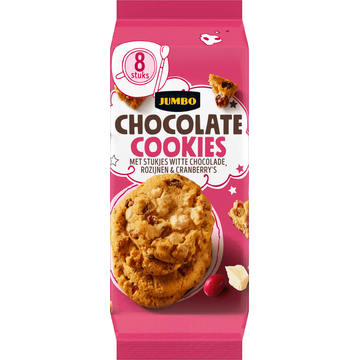 Jumbo Chocolate Cookies met Witte Chocolade, Rozijnen & Cranberry&apos;s 8 Stuks