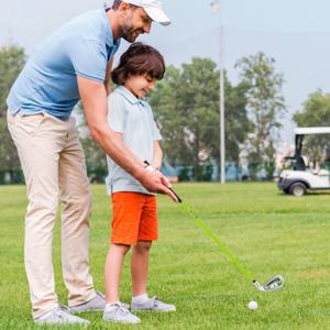 Nr. 7 Junior Ijzer voor Kinderen Individuele Gouden Club met Glasvezel Shaft en Clubhoes Junior Oefengolfclub Rechterhand 76 cm