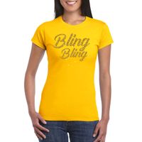 Glitter glamour feest t-shirt dames - bling bling goud - geel - feestkleding