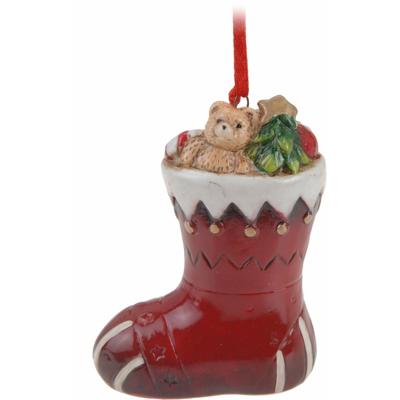 Kersthanger kerstsok met beer - rood - 8 cm - keramiek - kerstornament - kerstboomversiering