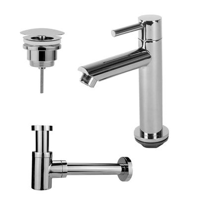 Fortifura Calvi fonteinkraanset met staande fonteinkraan laag, always open plug en design sifon Chroom SW696234 / SW696209 / SW696219