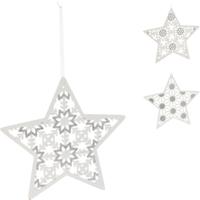 Kersthanger Ster hout wit glitter 22 cm 3 assorti | 24 stuks