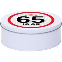 Leeftijd Snoeptrommel - koektrommel Cadeau - wit - rond blik - met 65 jaar sticker