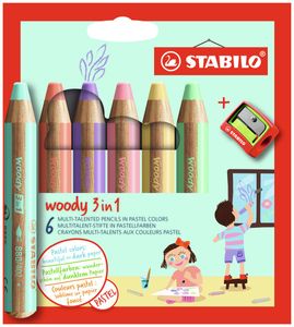 STABILO woody 3in1 kleurpotlood, etui van 6 stuks in pastel kleuren