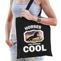 Katoenen tasje horses are serious cool zwart - paarden/ zwart paard cadeau tas   - - thumbnail