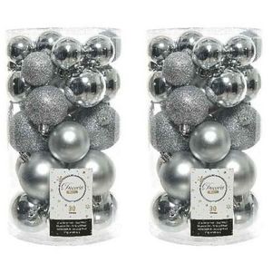 60x Kunststof kerstballen glanzend/mat/glitter zilver kerstboom versiering/decoratie   -