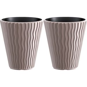 Plantenpot/bloempot Sand Waves - 2x - buiten/binnen - kunststof - beige - D30 x H33 cm