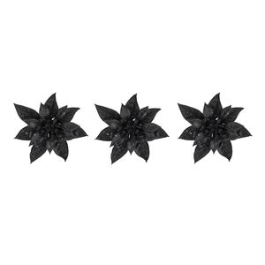 3x stuks decoratie bloemen kerstster zwart glitter op clip 15 cm - Kunstbloemen