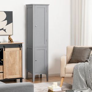 Badkamerkast met 5 Verdiepingen Smal Vrijstaande Hoge Kast met 2 Lamellendeuren 2 Planken en Kantelbeveiliging 37 x 37 x 160 cm (Grijs)