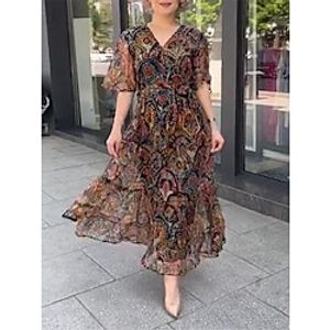 Dames Paisley-jurk Chiffon jurk Bloemig Paisley Afdrukken Blote rug V-hals Lange jurk maxi-jurk Modieus Streetwear Buiten Dagelijks Halve mouw Ruim Passend Zwart Zomer Lente S M L XL XXL Lightinthebox