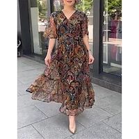 Dames Paisley-jurk Chiffon jurk Bloemig Paisley Afdrukken Blote rug V-hals Lange jurk maxi-jurk Modieus Streetwear Buiten Dagelijks Halve mouw Ruim Passend Zwart Zomer Lente S M L XL XXL Lightinthebox