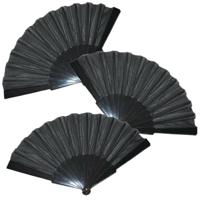 Handwaaier/spaanse waaier - 4x stuks - zwart - polyester - Verkoeling in de zomer - 41 x 22 cm