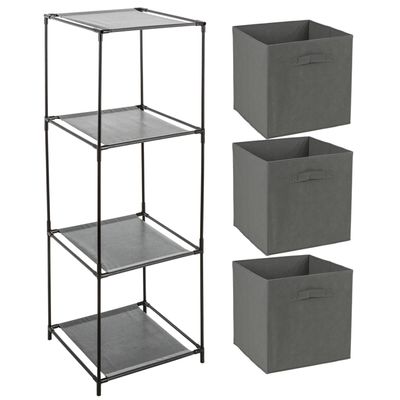 Opbergrek 3-laags - metaal - kunststof - zwart - 34 x 98 cm - incl. 3 opbergmanden donker grijs