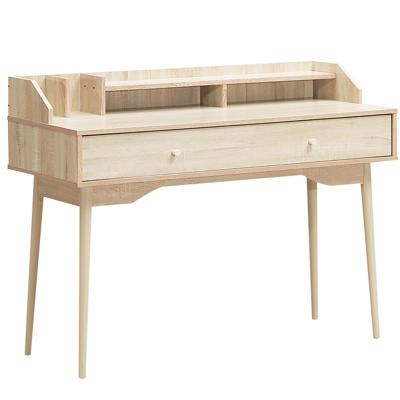Thuiskantoor Schrijftafel met Lade 100% Stevige Rubberhouten Poten Met Grote Lade & Breed Tafelblad 2-Laags Hok Natuurlijk