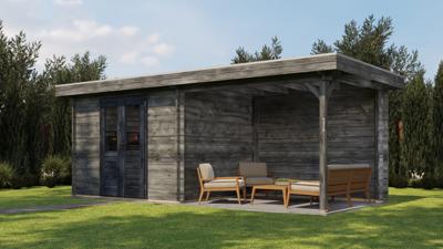 Lugarde Select Blokhut met overkapping Wageningen 300x250cm + 300cm - Keteldruk Grijs- Plat dak- - Lugarde Select
