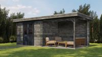 Lugarde Select Blokhut met overkapping Wageningen 300x250cm + 300cm - Keteldruk Grijs- Plat dak- - Lugarde Select