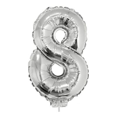 Zilveren opblaas cijfer ballon - 8 jaar - op stokje - H41 cm - Leeftijd versiering