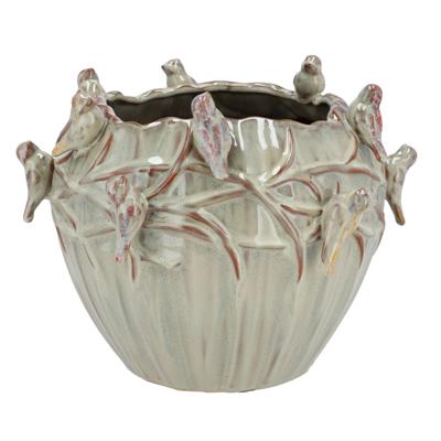 Bloempot/plantenpot Spring birds - mosgroen - keramiek - D19 x H15 cm