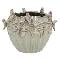 Bloempot/plantenpot Spring birds - mosgroen - keramiek - D19 x H15 cm