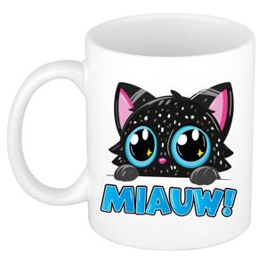 Cadeau koffie/thee mok - poes/kat - Miauw - blauw - 300 ml - keramiek - katten mok