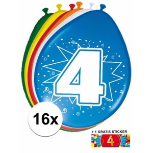 Versiering 4 jaar ballonnen 30 cm 16x + sticker