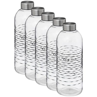 Glazen waterfles/drinkfles/sportfles - 5x - helder transparant - met RVS dop - 1000 ml