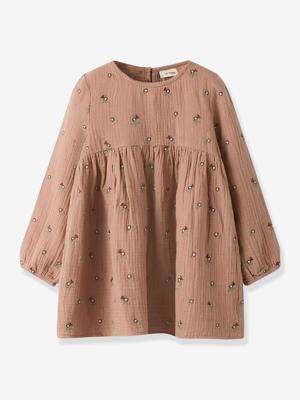 Jurk van katoenen gaas voor meisjes LIL'ATELIER MINI met geborduurde bloemen kaneel