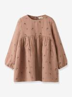Jurk van katoenen gaas voor meisjes LIL'ATELIER MINI met geborduurde bloemen kaneel