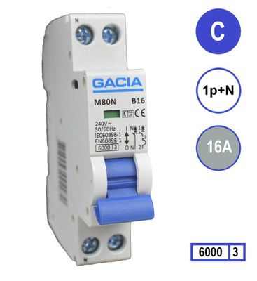 16A installatieautomaat M80N-C16 inst. 1p+n C16 6kA (18mm) Gacia automaat