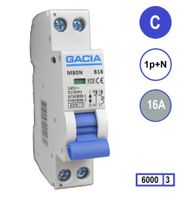 16A installatieautomaat M80N-C16 inst. 1p+n C16 6kA (18mm) Gacia automaat