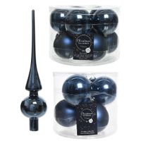 Glazen kerstballen pakket donkerblauw glans/mat 32x stuks inclusief piek glans