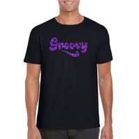 Zwart Flower Power t-shirt Groovy met paarse letters heren - thumbnail