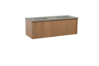 Balmani Forma zwevend badmeubel 135 x 55 cm teakhout met Tablo Arcato dubbele wastafel in solid surface steengrijs, Verticale symmetrische rechte ribbel